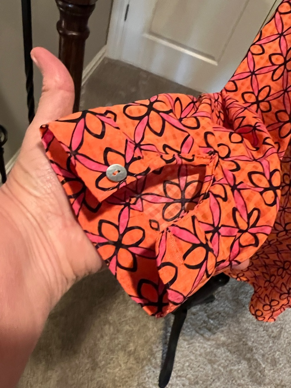 Kim Rogers Bright Orange Floral-Print Button Down Shirt with Pink Accents - Picture 7 of 11